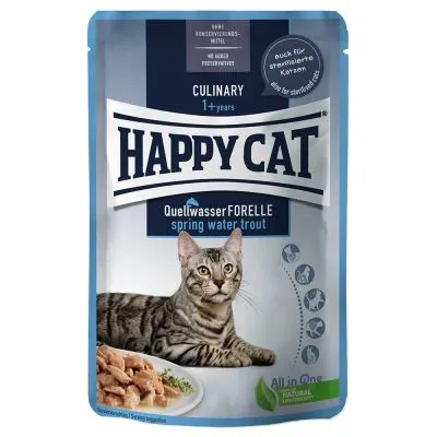 Confezione di alimento per gatti Happy Cat Quellwasser Forelle spring water trout, immagine di un gatto grigio tigrato e piatto con bocconcini. Testo visibile in inglese e tedesco.