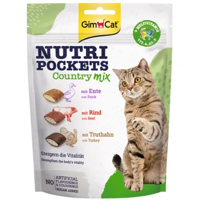 GimCat Nutri Pockets Country Mix, sachet avec illustrations de bouchées et textes : mit Ente with Duck, mit Rind with Beef, mit Truthahn with Turkey. Sans arômes ni colorants artificiels.