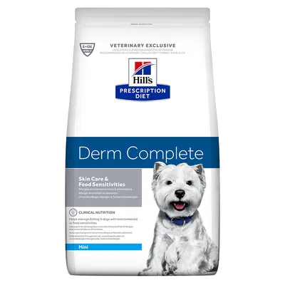 Hill's Prescription Diet Derm Complete Mini, упаковка с изображением собаки. Видны надписи: Skin Care & Food Sensitivities, Veterinary Exclusive, S+OX Shield.
