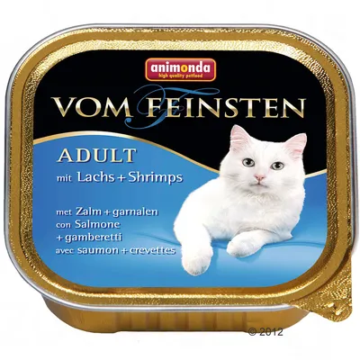 animonda Vom Feinsten ADULT mit Lachs + Shrimps, obrázok bielej mačky na obale. Text v nemčine, holandčine, taliančine a francúzštine o lososovi a krevetách.