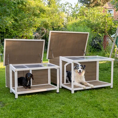 Deux niches pour chiens en bois avec cadre blanc, toits ouverts, un chien noir dans la petite niche et un chien blanc et noir dans la grande niche, posées sur une pelouse de jardin.