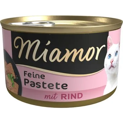 Miamor Feine Pastete mit Rind kattenvoer, blik met afbeelding van witte kat en tekst in het Duits op het etiket.