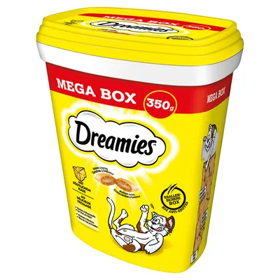 Dreamies Mega Box, 350g. S lahodným sýrem, krabice odolná proti drápům. Žluté balení s hrající si kočkou a vyobrazením produktu.