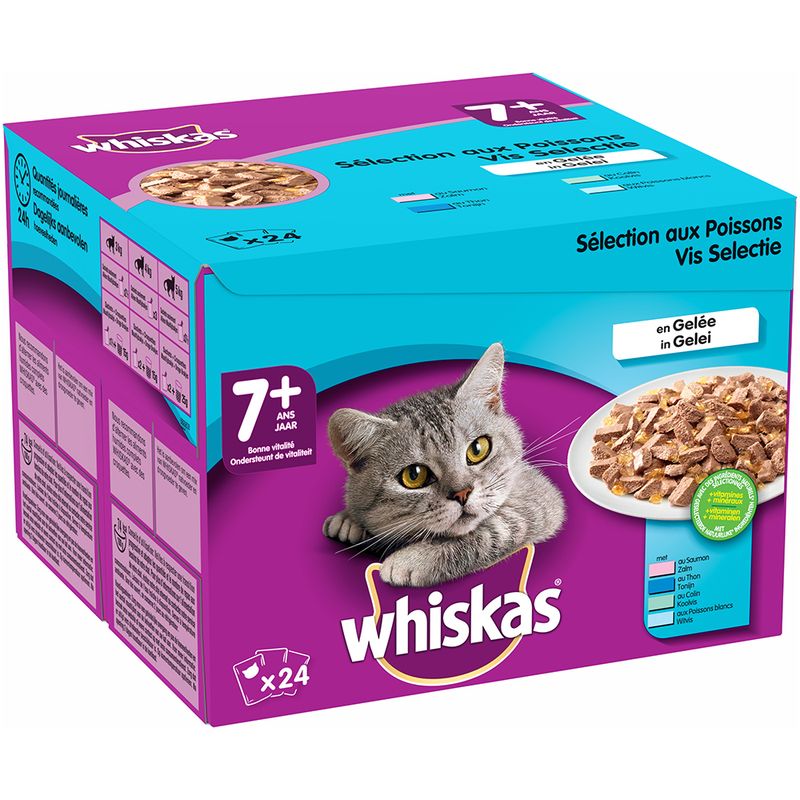 Whiskas τροφή γάτας σε ζελέ για γάτες 7+ ετών, συσκευασία 24 τεμαχίων. Επιλογή ψαριών. Ορατή εικόνα γάτας και πιάτο με κομμάτια τροφής στη συσκευασία.
