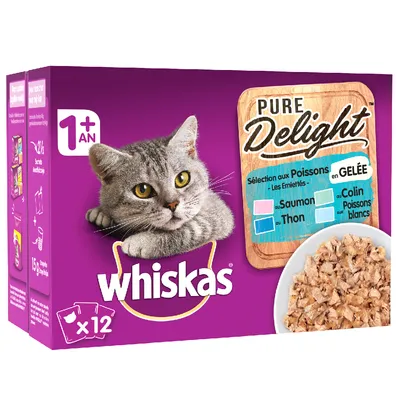 Whiskas Pure Delight, výběr ryb v želé, 12× kapsička, pro kočky od 1 roku. Viditelný text: Saumon, Thon, Colin, Poissons blancs. Obraz misky s kousky masa.