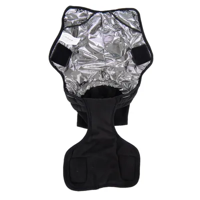 Open black pet garment showing inner silver reflective lining and Velcro fastenings, displayed flat to reveal interior material and attachment points.
