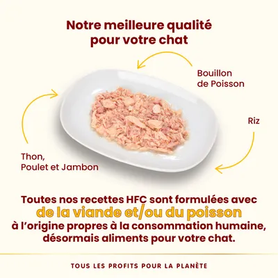 Assiette de nourriture pour chat avec thon, poulet, jambon, bouillon de poisson et riz. Texte : recettes HFC formulées avec viande et/ou poisson propres à la consommation humaine.