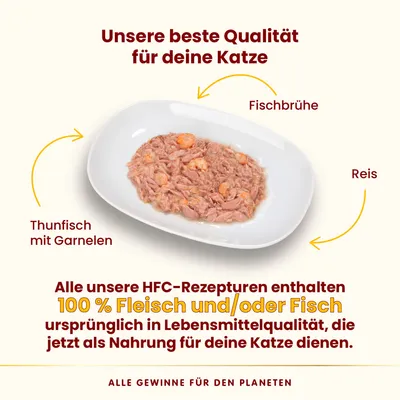 Thunfisch mit Garnelen, Reis und Fischbrühe. HFC-Rezepturen enthalten 100% Fleisch und/oder Fisch in Lebensmittelqualität als Nahrung für Katzen. Alle Gewinne für den Planeten.