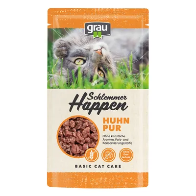 Opakowanie karmy dla kotów grau Schlemmer Happen Huhn Pur, bez sztucznych aromatów, barwników i konserwantów, bez GMO. Widoczny produkt w środku.