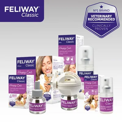 Feliway Classic calming and comfort products, including diffuser, spray, and refills. Veterinary recommended and clinically proven, as shown on packaging and badge in the image.