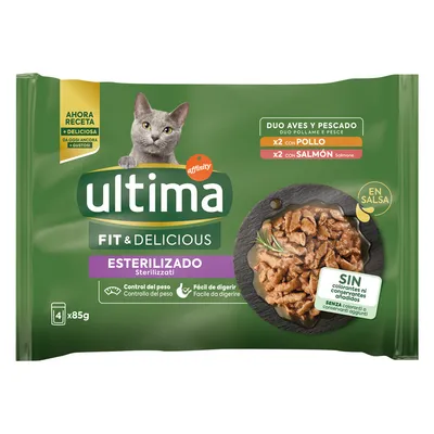 Ultima Fit & Delicious Sterilizado karma dla kotów, Duo Aves y Pescado z kurczakiem i łososiem w sosie, 4x85g. Bez barwników i konserwantów.