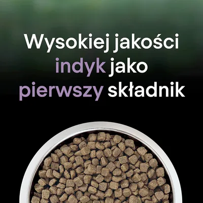 Wysokiej jakości indyk jako pierwszy składnik – tekst na tle miski z suchą karmą dla zwierząt.