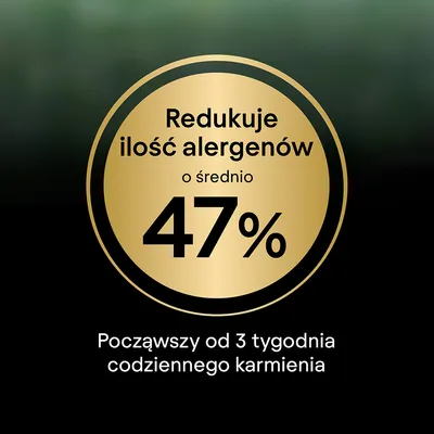 Redukuje ilość alergenów o średnio 47%. Począwszy od 3 tygodnia codziennego karmienia.