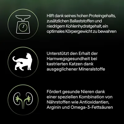 Texte en allemand : aide à maintenir le poids optimal, soutient la santé urinaire des chats stérilisés grâce aux minéraux, favorise des reins sains avec antioxydants et oméga-3.