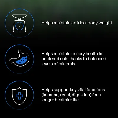 Helps maintain ideal body weight, supports urinary health in neutered cats with balanced minerals, and aids key functions including immune, renal, and digestion for a healthier life.