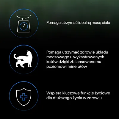 Текст на польском: Pomaga utrzymać idealną masę ciała. Pomaga utrzymać zdrowie układu moczowego у wykastrowanych kotów dzięki zbilansowanemu poziomowi minerałów. Wspiera kluczowe funkcje życiowe dla dłuższego życia w zdrowiu.