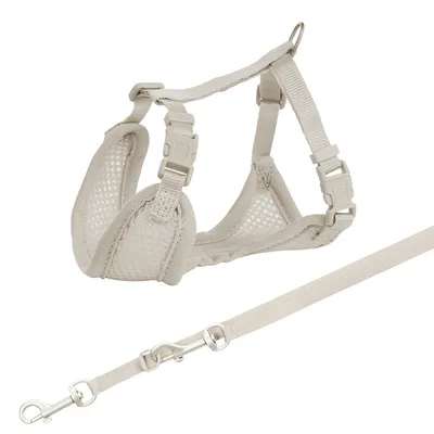 Adjustable mesh harness with quick-release buckles and matching lead, both shown in light beige. Includes metal clips for secure fastening.