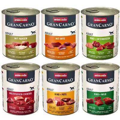 6 conserve Animonda GranCarno Adult, sortimente: Mit Pansen, Mit Ente, Rind + Entenherzen, Multifleisch-Cocktail, Rind + Pute, Rind + Wild. Text german vizibil pe etichete.