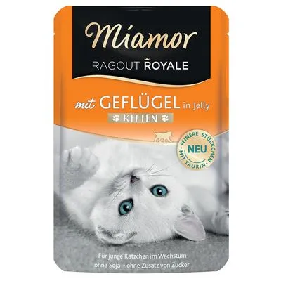 Miamor Ragout Royale mit Geflügel in Jelly Kitten, NEU, pour jeunes chatons en croissance, sans soja ni sucre ajouté. Emballage avec chaton blanc allongé.