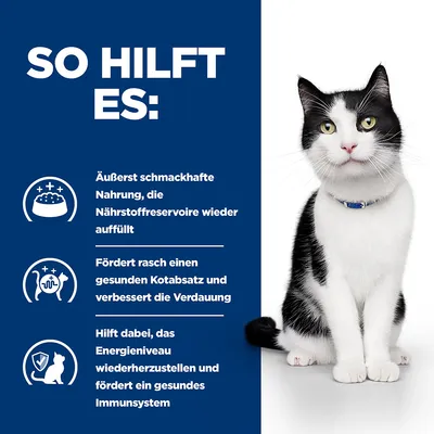 So hilft es: Äußerst schmackhafte Nahrung, die Nährstoffreserven auffüllt. Fördert gesunden Kotabsatz und Verdauung. Hilft, Energieniveau wiederherzustellen und Immunsystem zu stärken.