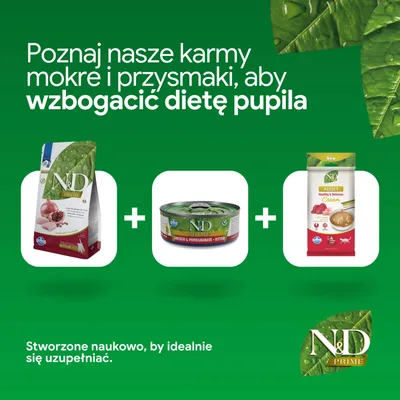 N&D Prime karma sucha, mokra i przekąska dla kotów. Uzupełnij żywienie swojego pupila różnymi produktami N&D.