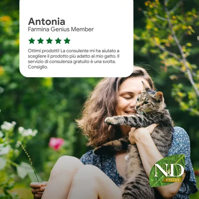 Antonia, farmina Genius Member. Cinque stelle verdi. Opinione di un cliente in italiano sulla consulenza per la scelta dei prodotti per il suo gatto. Logo N&D Prime in basso a destra. Antonia, farmina Genius Member. Cinque stelle verdi. Opinione di un cliente in italiano sulla consulenza per la scelta dei prodotti per il suo gatto. Logo N&D Prime in basso a destra.