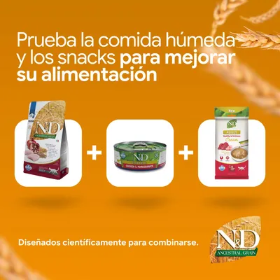 Prueba el pienso N&D Ancestral Grain, la comida húmeda N&D Prime Chicken & Pomegranate y N&D Adult Cream. Desarrollado científicamente para combinar. Prueba el pienso N&D Ancestral Grain, la comida húmeda N&D Prime Chicken & Pomegranate y N&D Adult Cream. Desarrollado científicamente para combinar.
