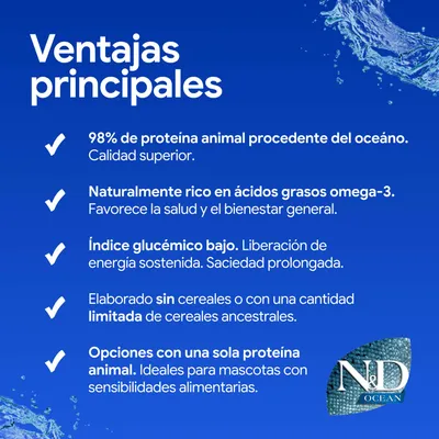 Principales ventajas: 98% de proteína animal procedente del océano, rico en ácidos grasos Omega-3, índice glucémico bajo, sin o con poco cereal, opciones de proteína única para animales sensibles.