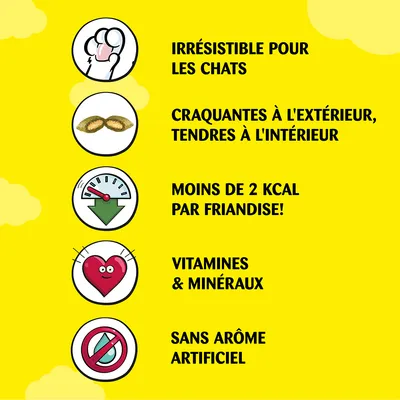 Irrésistible pour les chats, craquantes à l'extérieur tendres à l'intérieur, moins de 2 kcal par friandise, vitamines et minéraux, sans arôme artificiel.