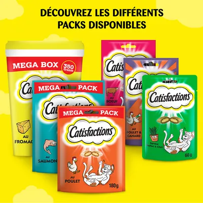 Packs Catisfactions visibles : Mega Box 350 g au fromage, Mega Pack 180 g au poulet, Mega Pack au saumon, sachets au bœuf, poulet & canard, herbe à chat 60 g. Différents formats et saveurs.