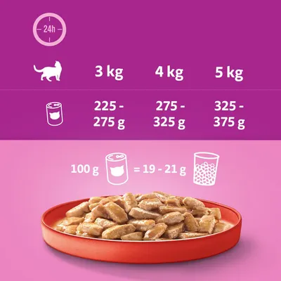 Conseils d’alimentation pour chat : 3 kg 225–275 g, 4 kg 275–325 g, 5 kg 325–375 g par jour. 100 g de pâtée équivalent à 19–21 g de croquettes.