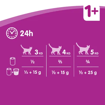 Recomandare de hrănire pentru pisici de peste 1 an: pisică de 3 kg 1/2 conservă + 1/3 hrană uscată, pisică de 4 kg 2/3 conservă + 15g, pisică de 5 kg 3/4 conservă + 25g. Rație zilnică pentru 24 de ore.