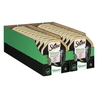 Multipack Sheba Nature's Collection kattenvoer, kartonnen tray met meerdere kuipjes. Op verpakking: Sheba, Nature's Collection, afbeelding van een kat en groente.