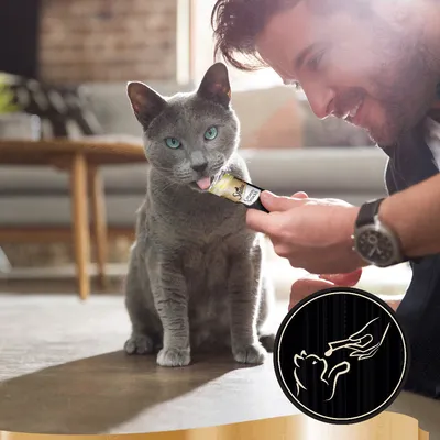 Кошка получает лакомство из тюбика Sheba, человек держит упаковку. Внизу значок: рука даёт угощение кошке.