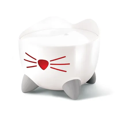 Bol alb cu picioare gri și design cu față de pisică roșie, potrivit pentru accesorii pentru animale de companie.