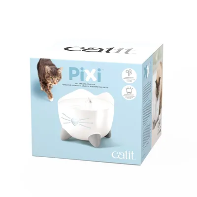 Catit Pixi fântână de apă pentru pisici, ambalaj cu imaginea produsului și pisică. Include informații despre filtru și indicator LED.