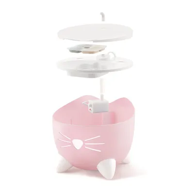 Explosionsansicht eines rosa Trinkbrunnens mit Katzenmotiv, zeigt Filter, Pumpe und Wasserbehälter in separaten Ebenen.