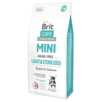 Brit Care Mini Grain Free Light & Sterilised nyúl és lazac. Hipoallergén formula túlsúlyos és sterilizált kis testű kutyáknak. Testsúlykontroll, optimális kalória.