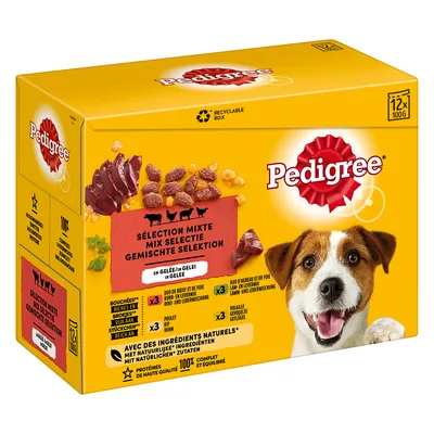 Pedigree miješani izbor u želeu, 12x100g. S prirodnim sastojcima, visokokvalitetni proteini, potpuna i uravnotežena hrana. Kutija za recikliranje.