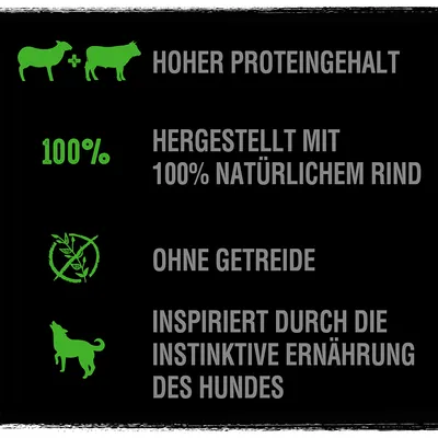 Hoher Proteingehalt, hergestellt mit 100% natürlichem Rind, ohne Getreide, inspiriert durch die instinktive Ernährung des Hundes.