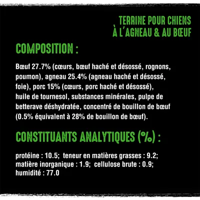 Terrine pour chiens à l’agneau & au bœuf. Composition : bœuf 27,7 %, agneau 25,4 %, porc 15 %, huile de tournesol, minéraux, pulpe de betterave, bouillon de bœuf. Protéine 10,5 %, matières grasses 9,2 %.