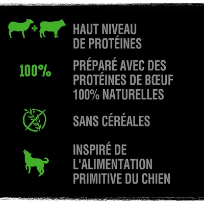 Haut niveau de protéines, préparé avec des protéines de bœuf 100 % naturelles, sans céréales, inspiré de l’alimentation primitive du chien. Texte et pictogrammes visibles.