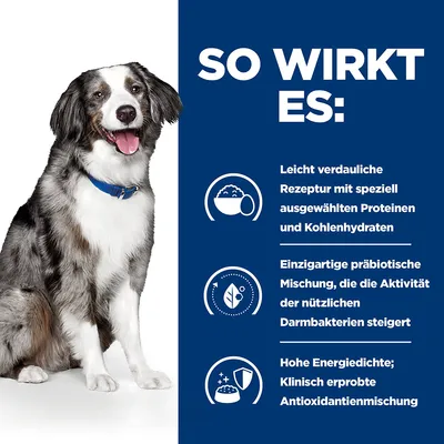 So wirkt es: Leicht verdauliche Rezeptur mit ausgewählten Proteinen und Kohlenhydraten. Präbiotische Mischung steigert Darmbakterienaktivität. Hohe Energiedichte, klinisch erprobte Antioxidantien.