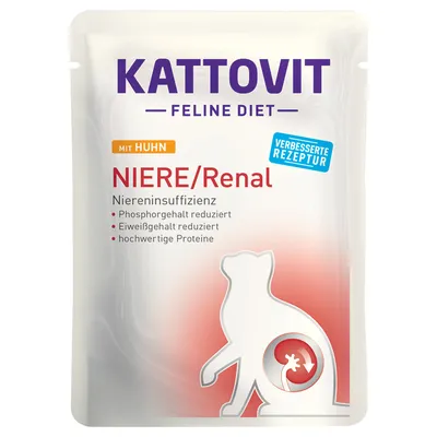 Kattovit Feline Diet Niere/Renal mit Huhn. Für Niereninsuffizienz: Phosphorgehalt reduziert, Eiweissgehalt reduziert, hochwertige Proteine. Verbesserte Rezeptur.