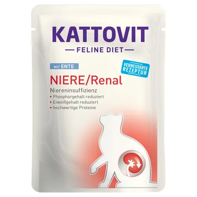 Kattovit Feline Diet Niere/Renal mit Ente. Verbesserte Rezeptur für Niereninsuffizienz: Phosphorgehalt reduziert, Eiweissgehalt reduziert, hochwertige Proteine.