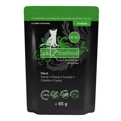 Catz Finefood Nr. 123, Pferd, 85g. Monoprotein, High Premium, getreidefrei, ohne Zuckerzusatz, keine Tierversuche, hergestellt in Deutschland.
