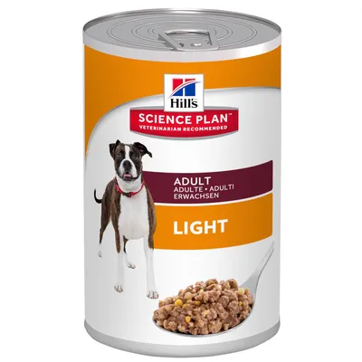 Boîte Hill's Science Plan Adult Light pour chien, texte visible : ADULT, LIGHT, image d’un chien adulte et pâtée en gros plan sur une cuillère.