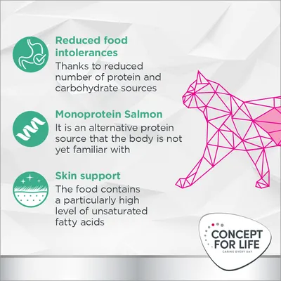 Testo in inglese: Reduced food intolerances, Monoprotein Salmon, Skin support. Marchio Concept for Life. Descrizioni su riduzione intolleranze, salmone monoproteico e supporto pelle.