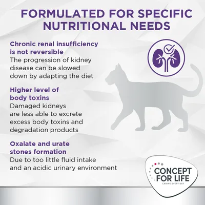 Testo in inglese: Formulated for specific nutritional needs. Chronic renal insufficiency is not reversible. Higher level of body toxins. Oxalate and urate stones formation. Concept for Life.