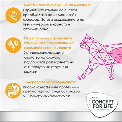CONCEPT FOR LIFE. Оптимално съотношение на минерали, подкрепа при разтваряне на струвитни камъни чрез повишена киселинност на урината, висококачествени протеини и пребиотици за оптимално храносмилане.